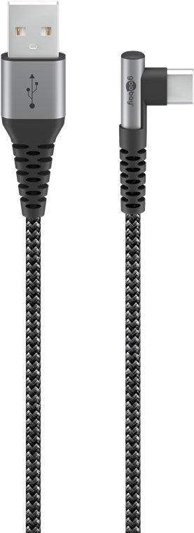 Cavo tessile da USB-C a USB-A con spine in metallo grigio siderale/argento 90° 1 m Cavo tessile da USB-C a USB-A con spine in metallo grigio siderale/argento 90° 1 m